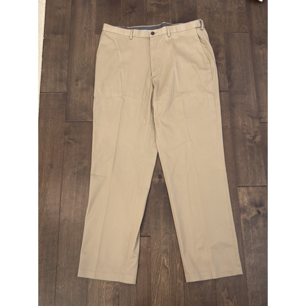 Haggar Premium Flat Front Dress Pants Mens Size 40X34 Khaki Tan Expandable Waist